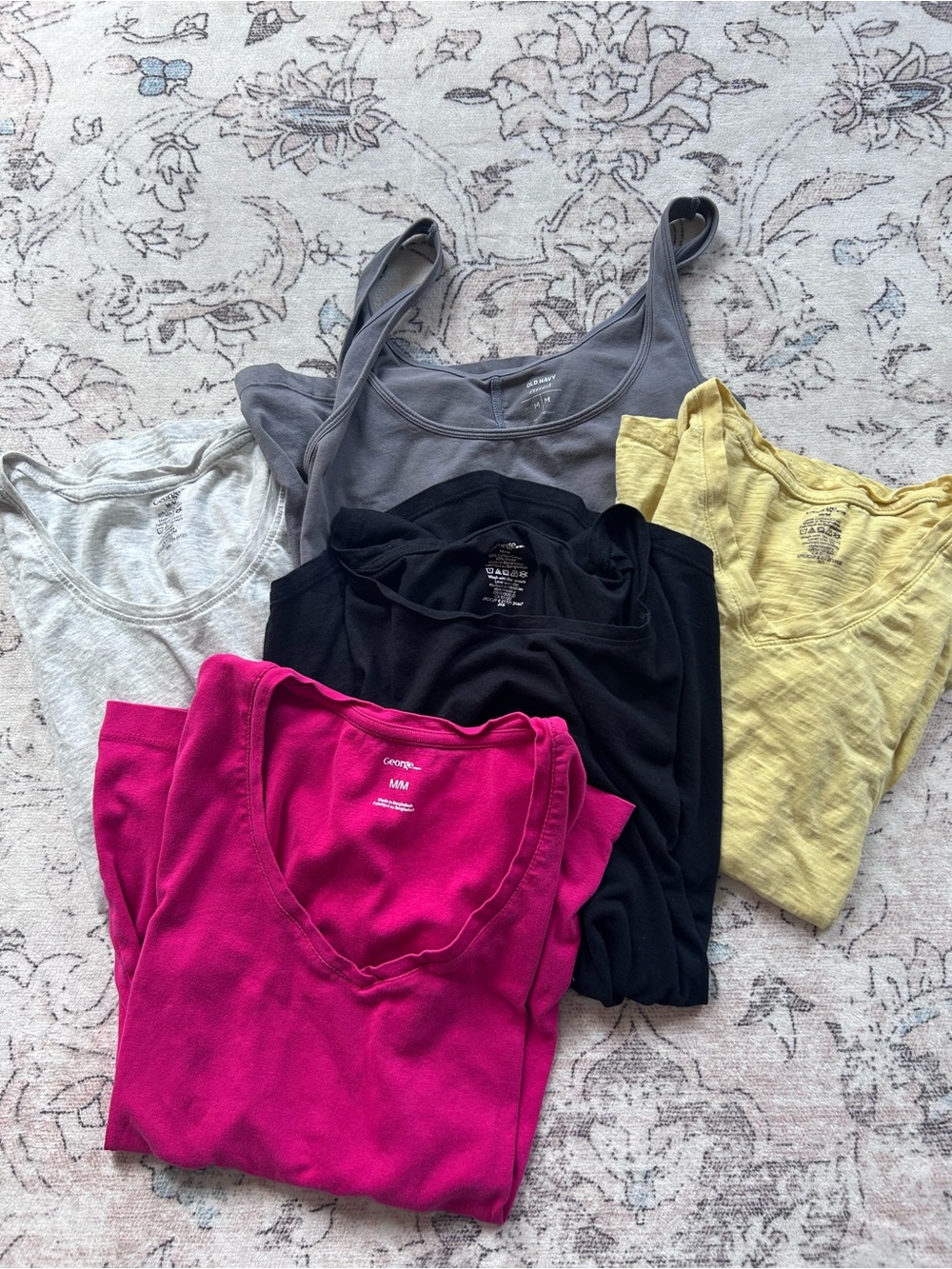 5 Assorted Women's V-Neck & Tank Tops - Pink, Black, Grey, Yellow, Light Grey